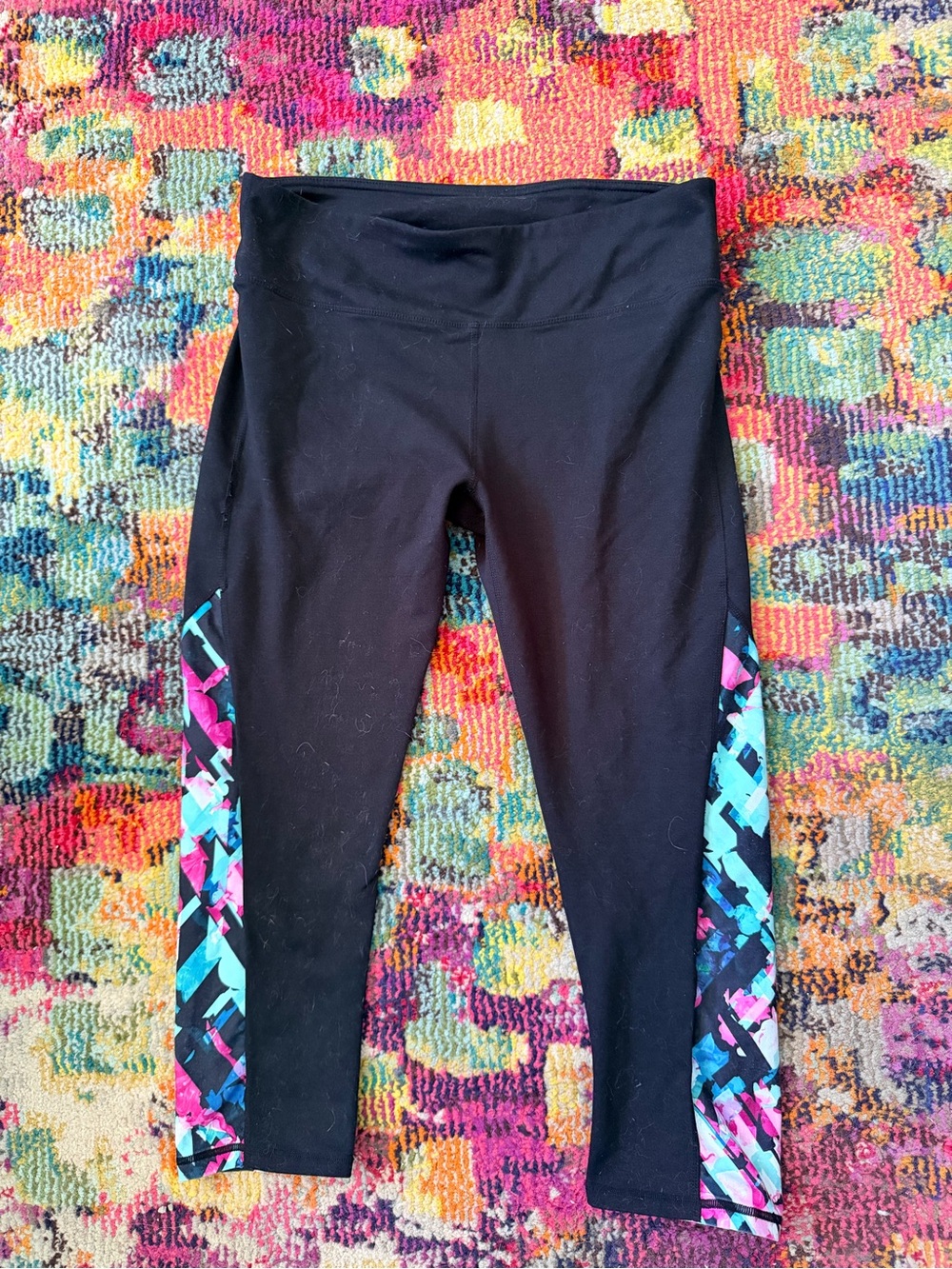 Women’s Black Leggings with Pink & Teal Side Panels